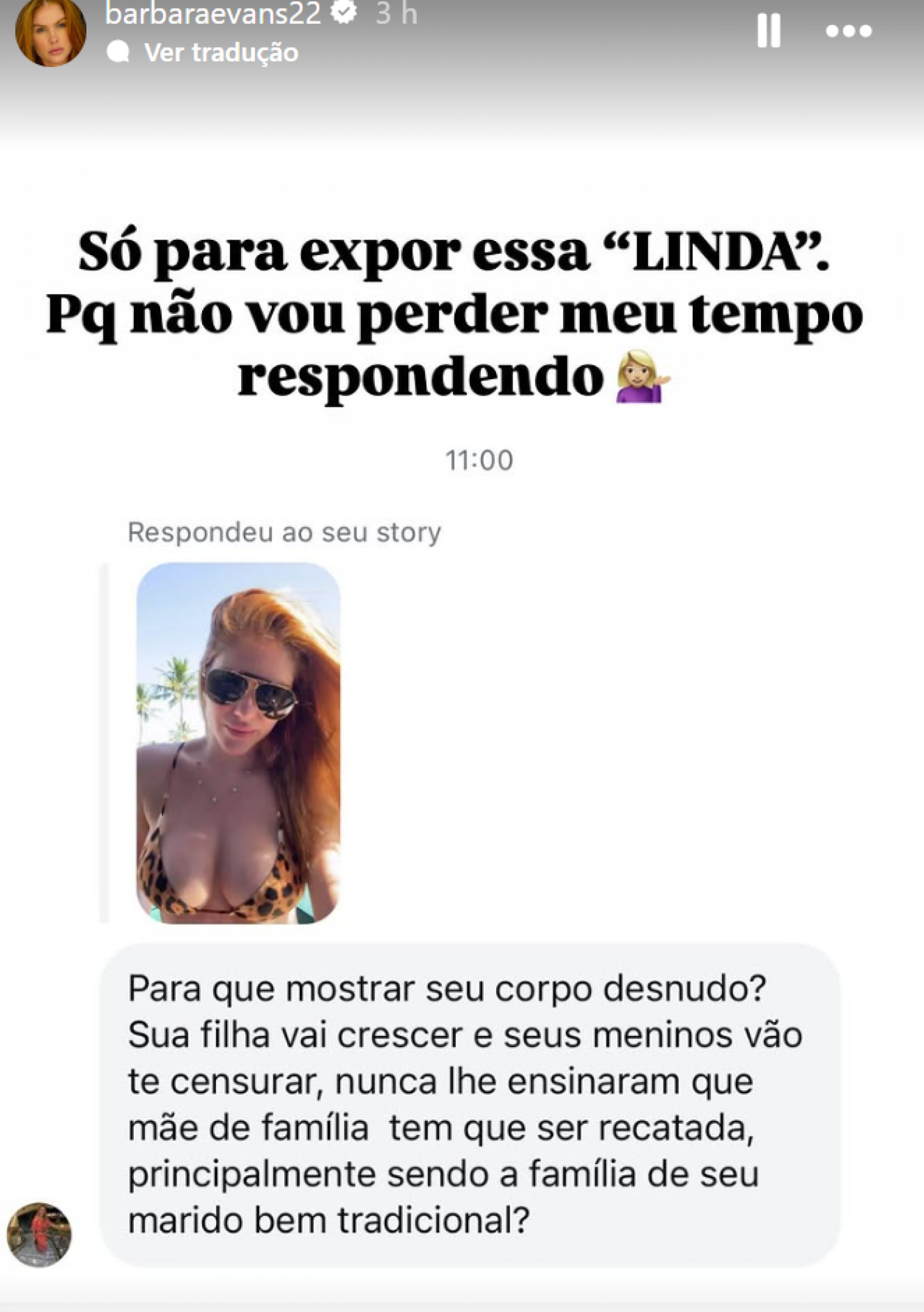 Bárbara Evans publica print de crítica que recebeu  - reprodução Instagram
