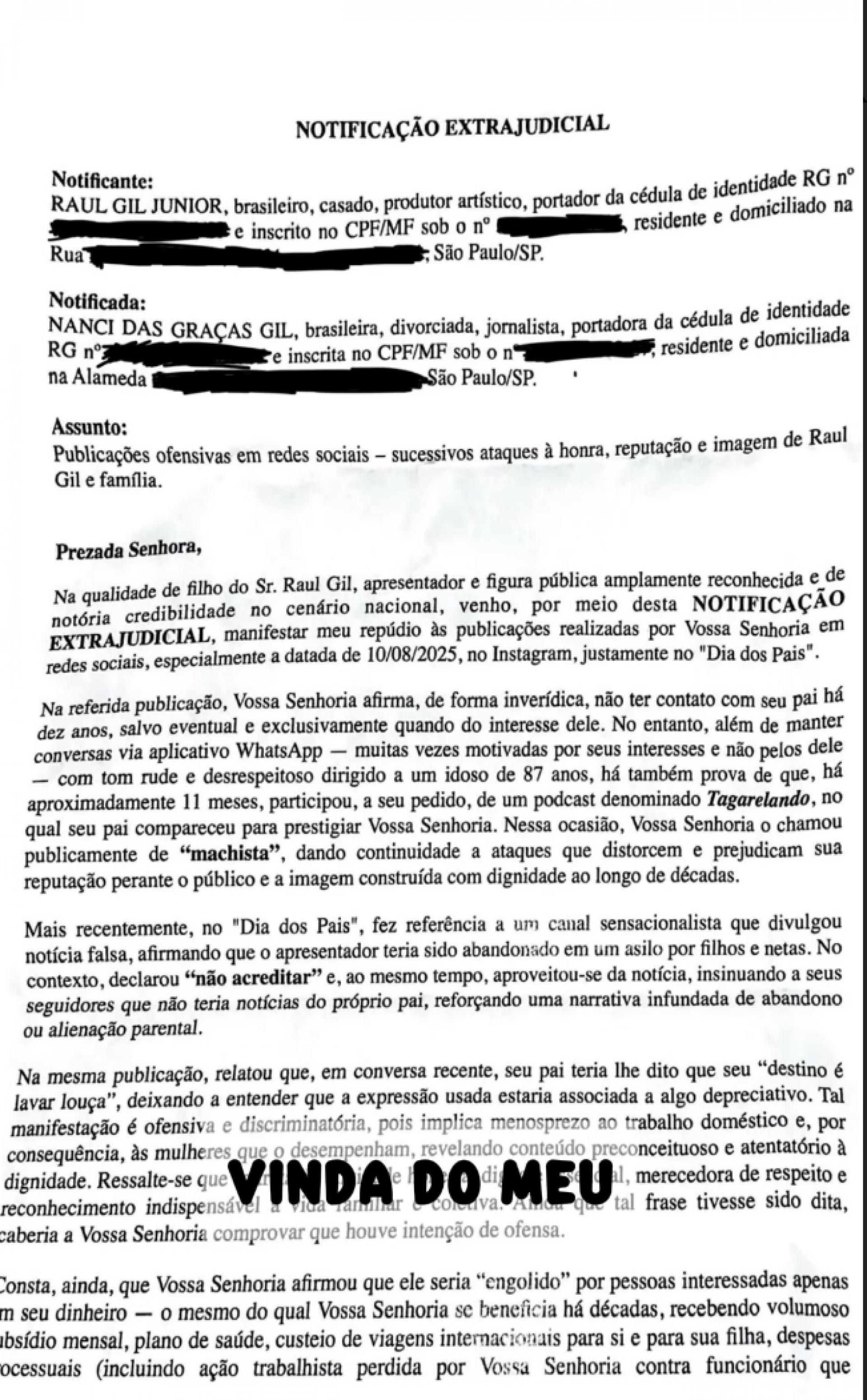 Neta de Raul Gil relata notificação extrajudicial enviada pelo tio - reprodução Instagram