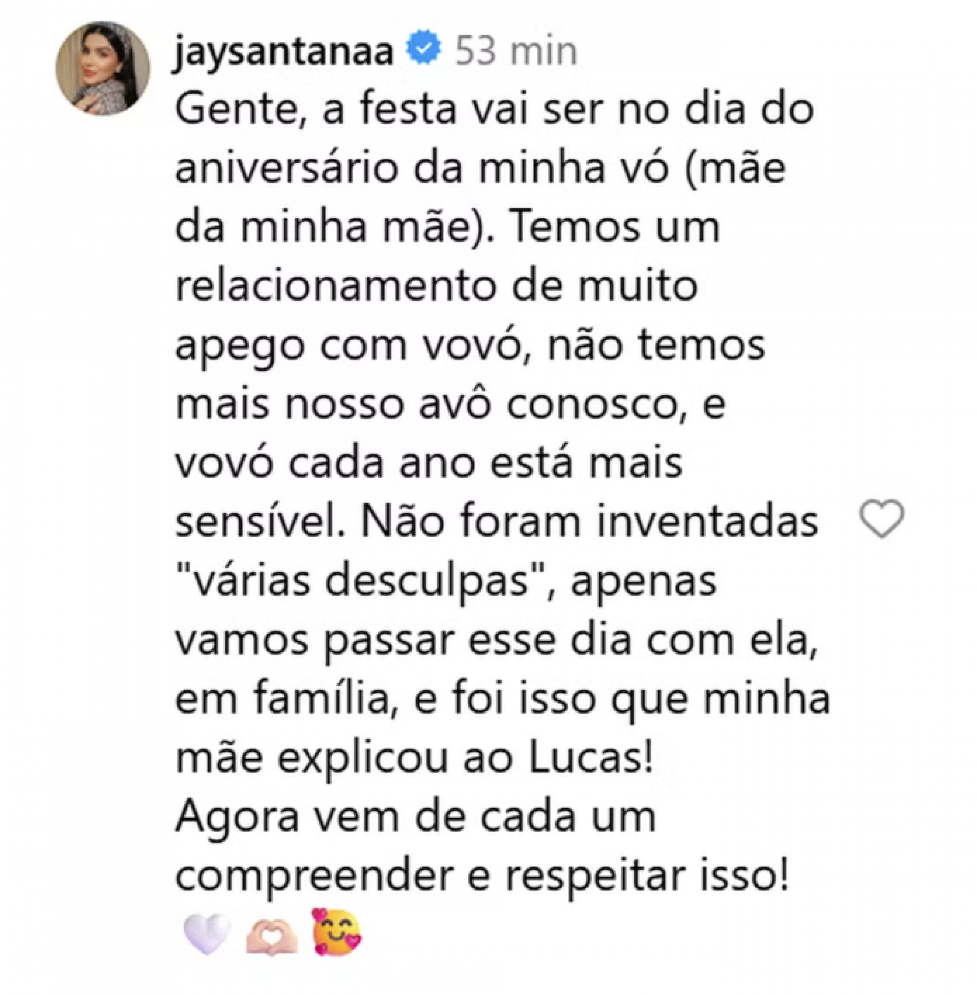 Jay Santana esclarece que a família passará a data ao lado da avó e pede compreensão - reprodução Instagram