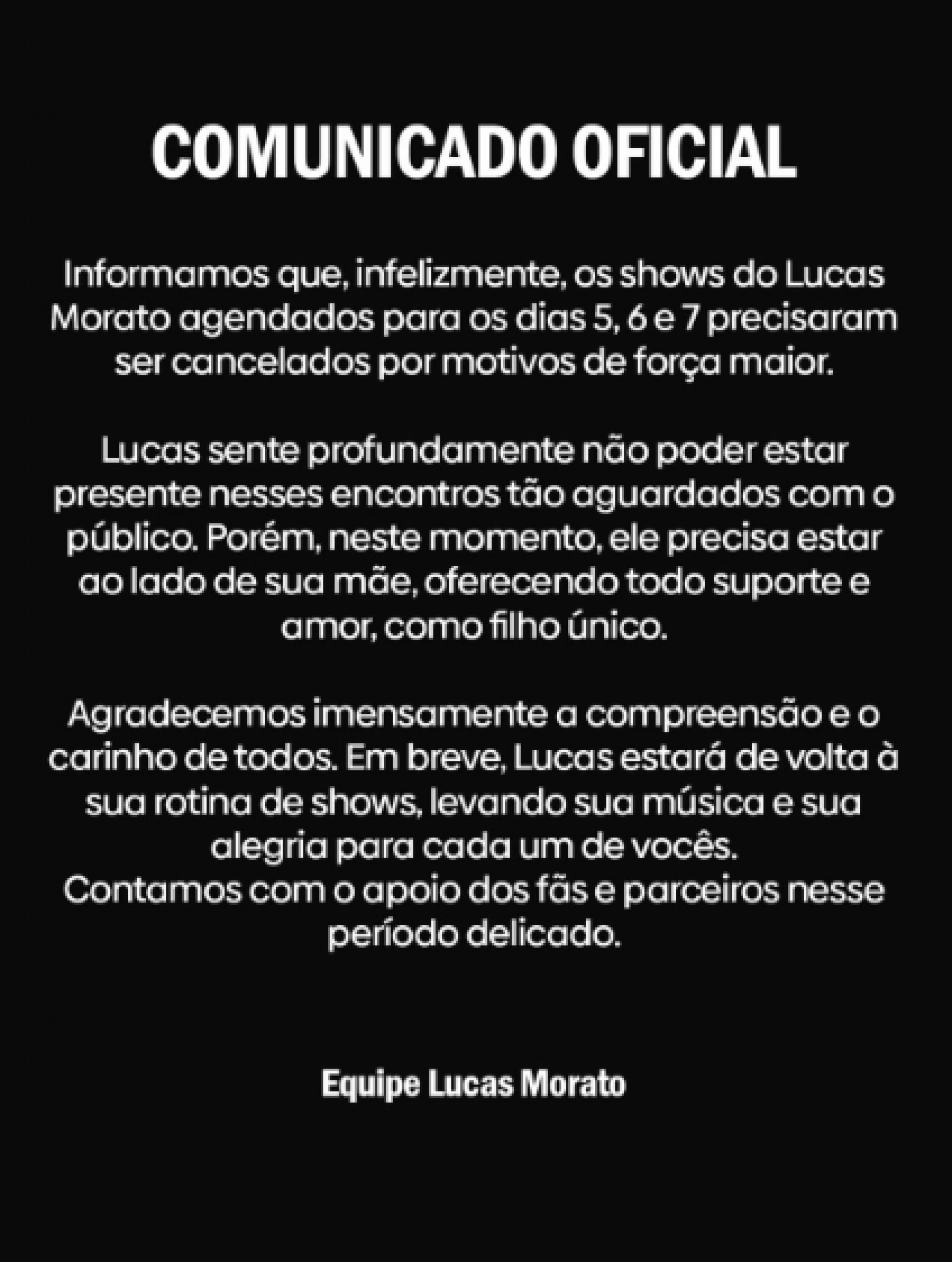 Filho de Péricles, Lucas Morato cancela shows depois da mãe, Meire, ser internada - Reprodução / Instagram