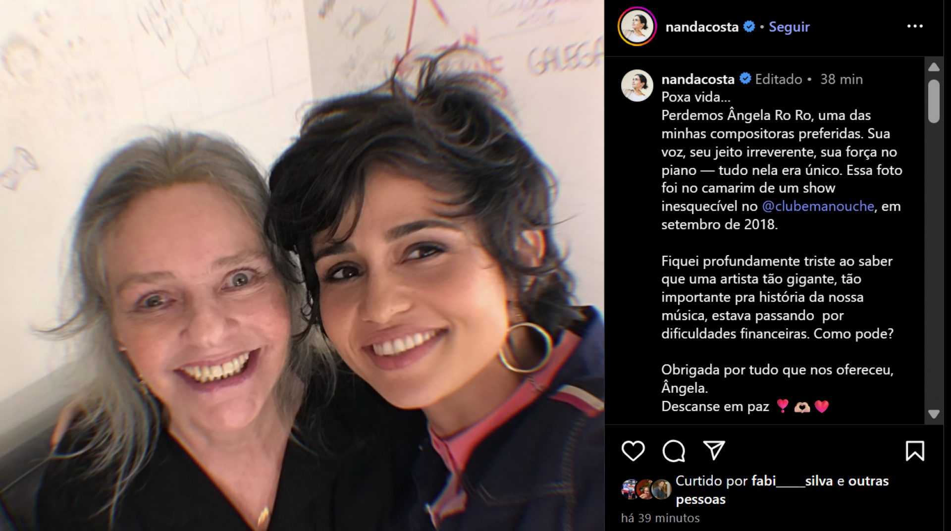 Nanda Costa lamenta morte de Angela Ro Ro - reprodução Instagram