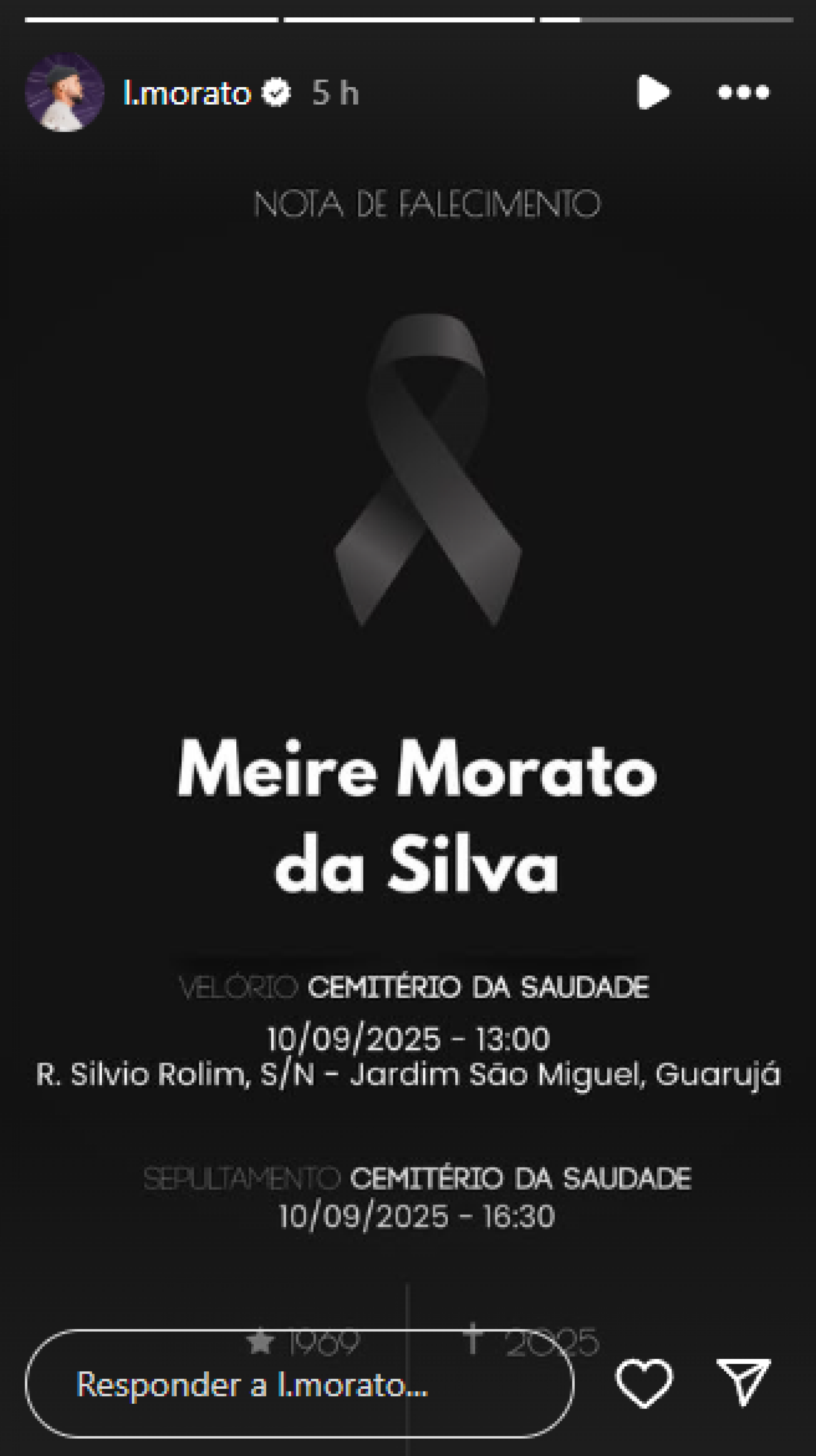 Lucas Morato anuncia velório e sepultamento da mãe, Meire Morato - Reprodução / Instagram