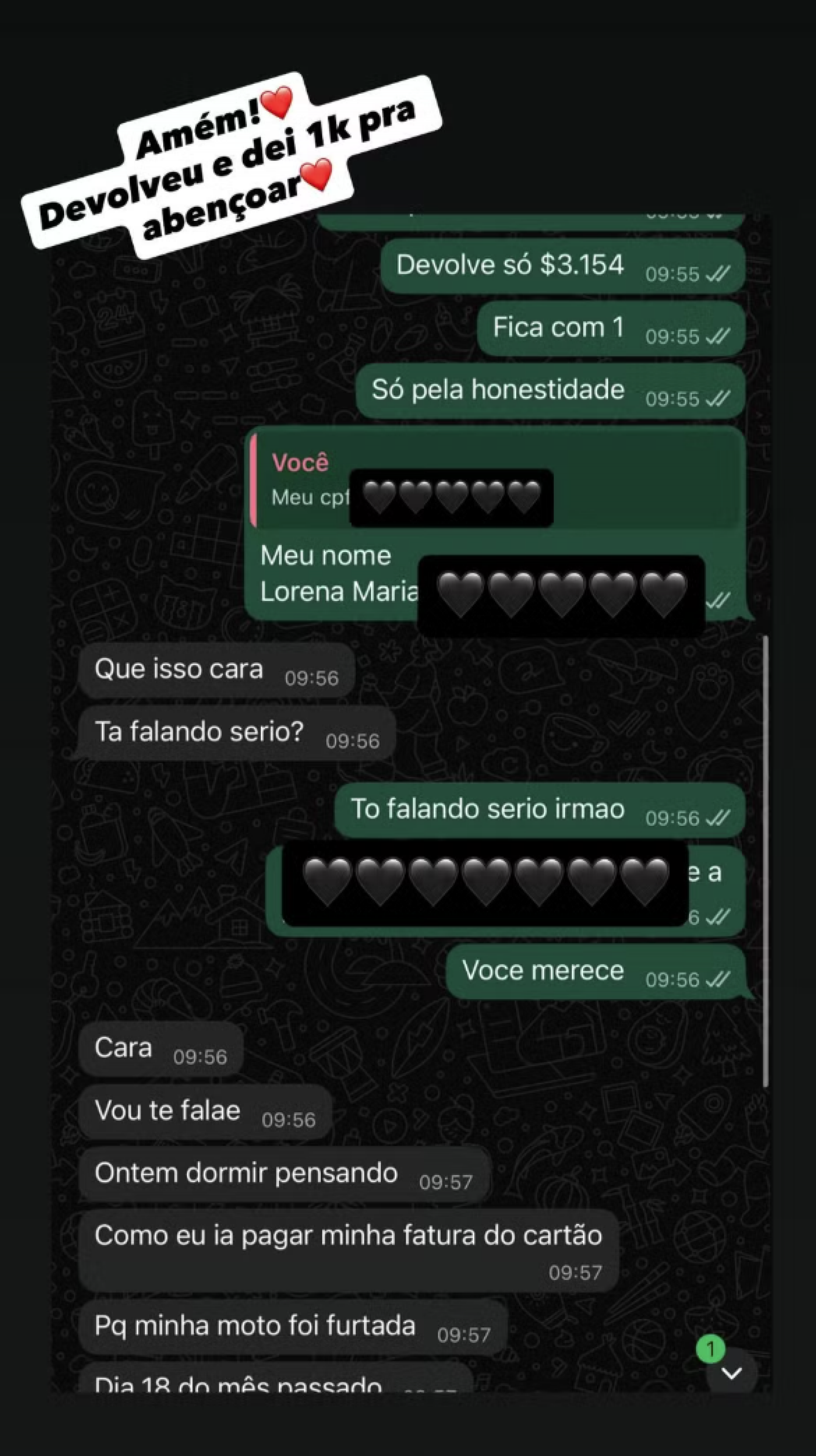 Lorena Maria erra pix de R$ 4 mil e recompensa com nova transferência - reprodução Instagram