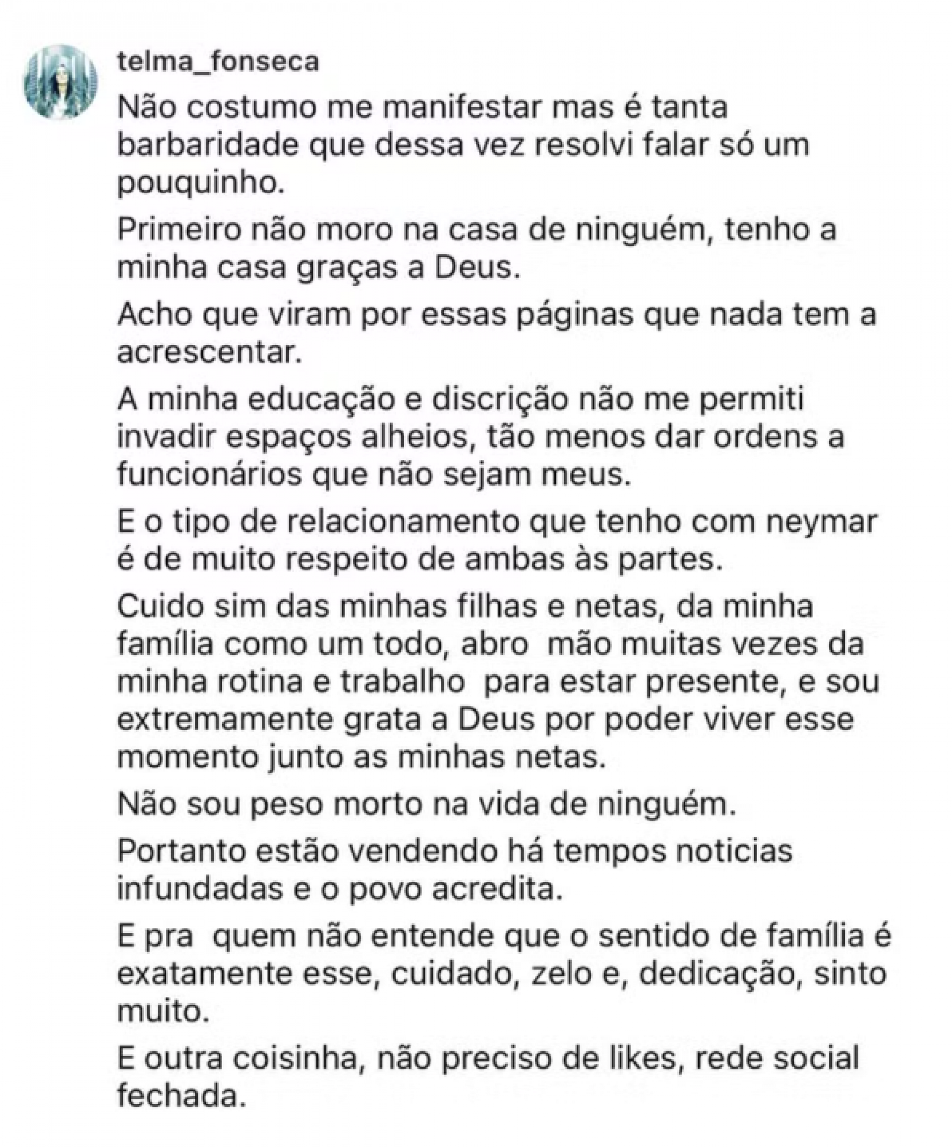 Sogra de Neymar nega tensão com o jogador e fala sobre relação familiar - reprodução Instagram