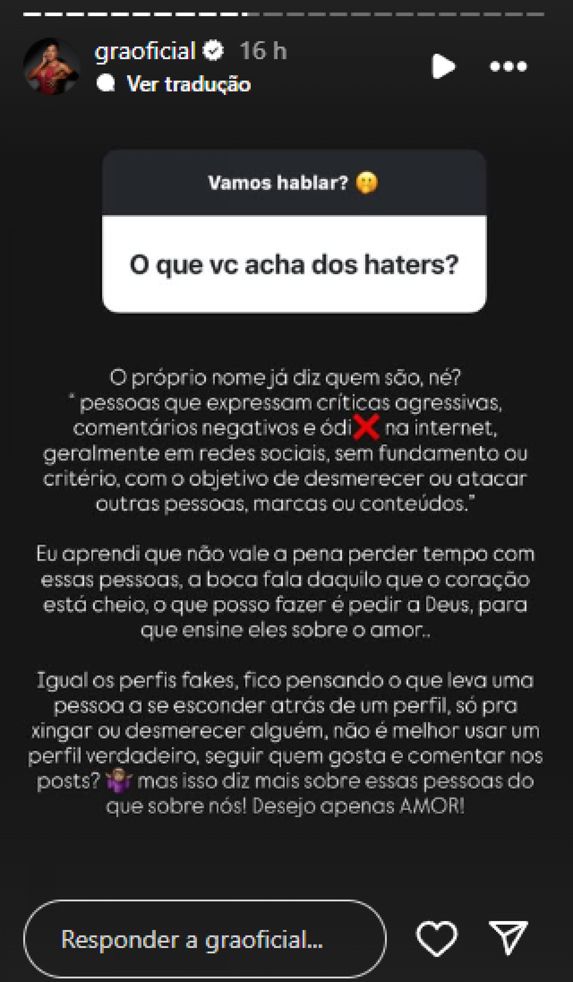 Gracyanne Barbosa reflete sobre 'haters': 'Desejo apenas amor' - Reprodução / Instagram
