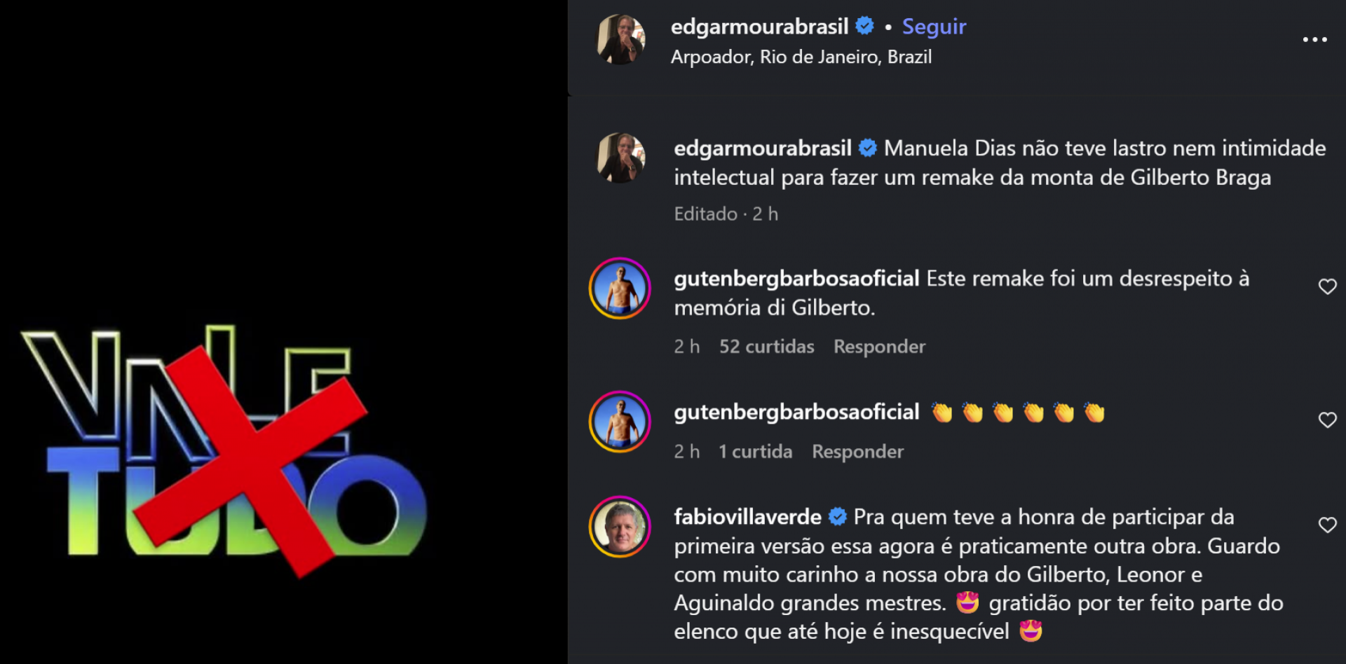 Viúvo de Gilberto Braga detona Manuela Dias - reprodução Instagram