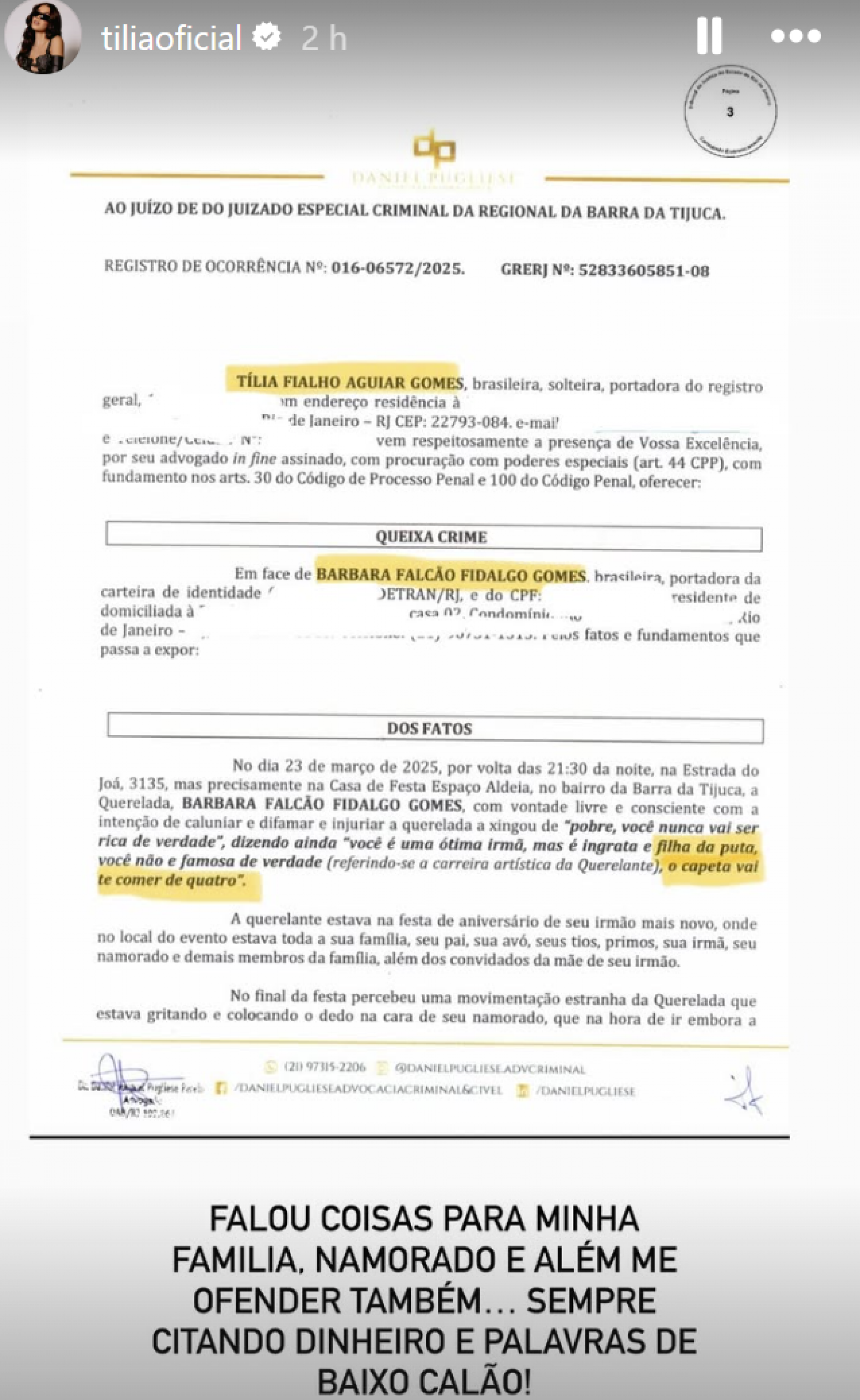 Tília rebate acusações contra Dennis DJ - reprodução Instagram