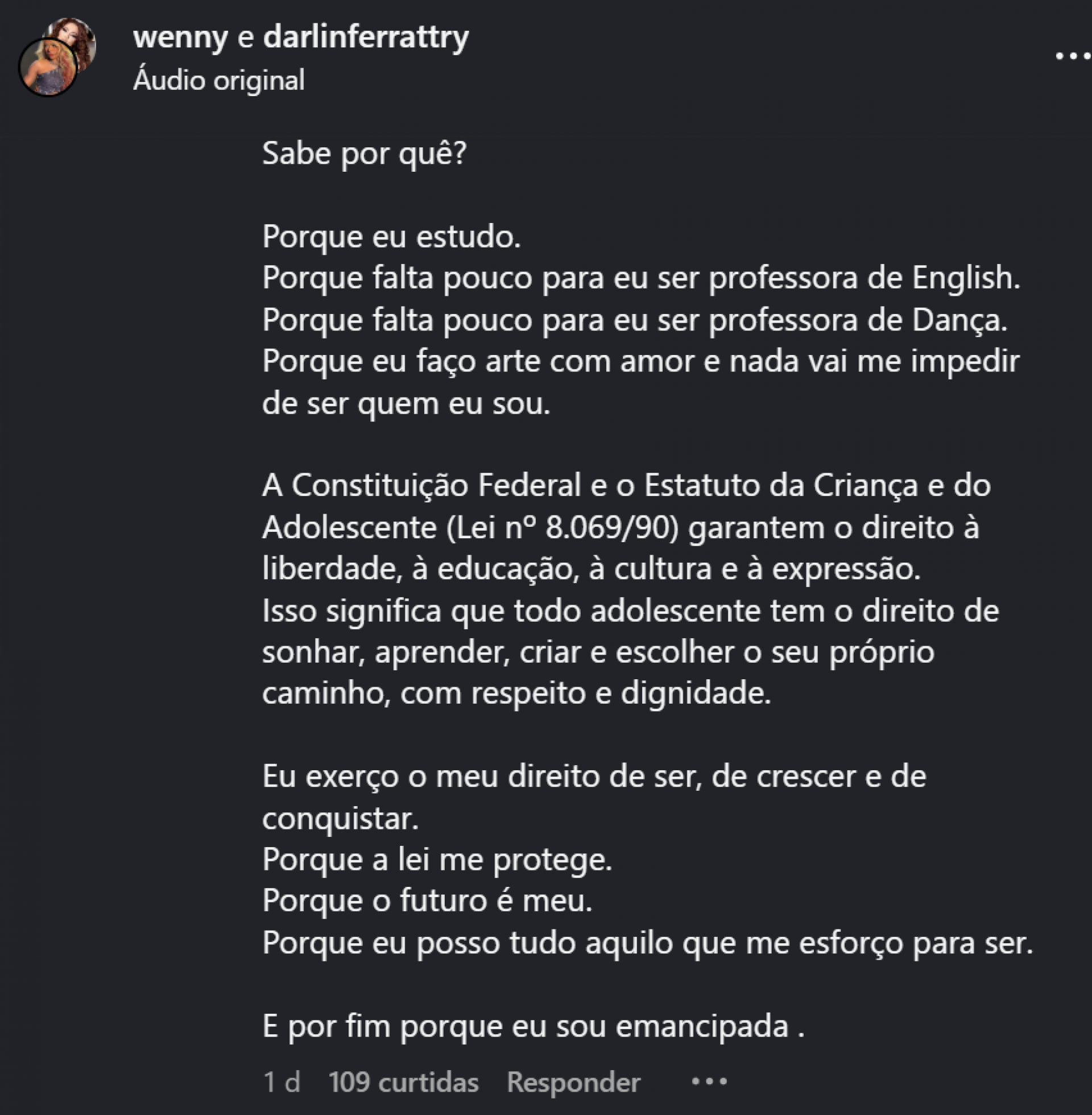 Wenny, irmã de Lexa, responde críticas após prévia de 