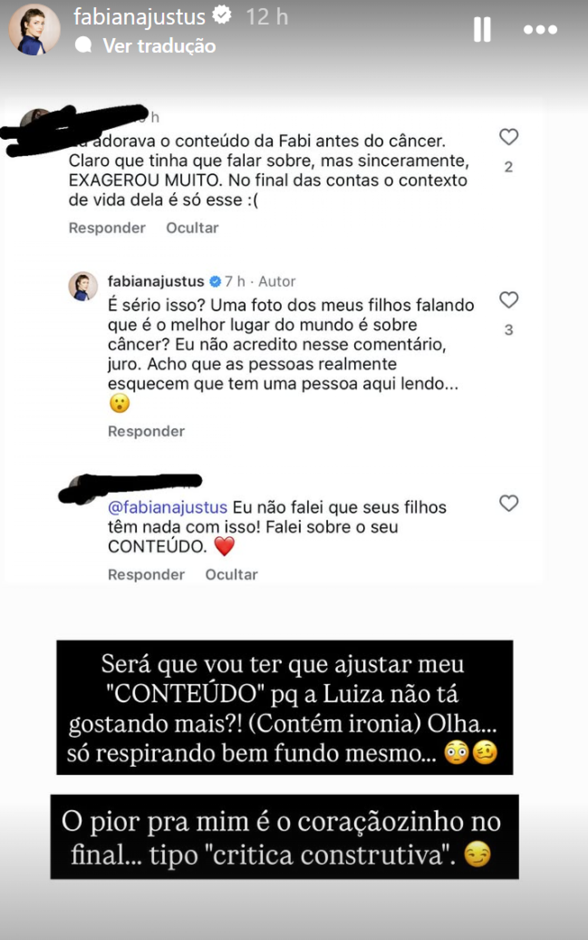 Fabiana Justus reage a crítica sobre conteúdo nas redes após diagnóstico de câncer - reprodução Instagram