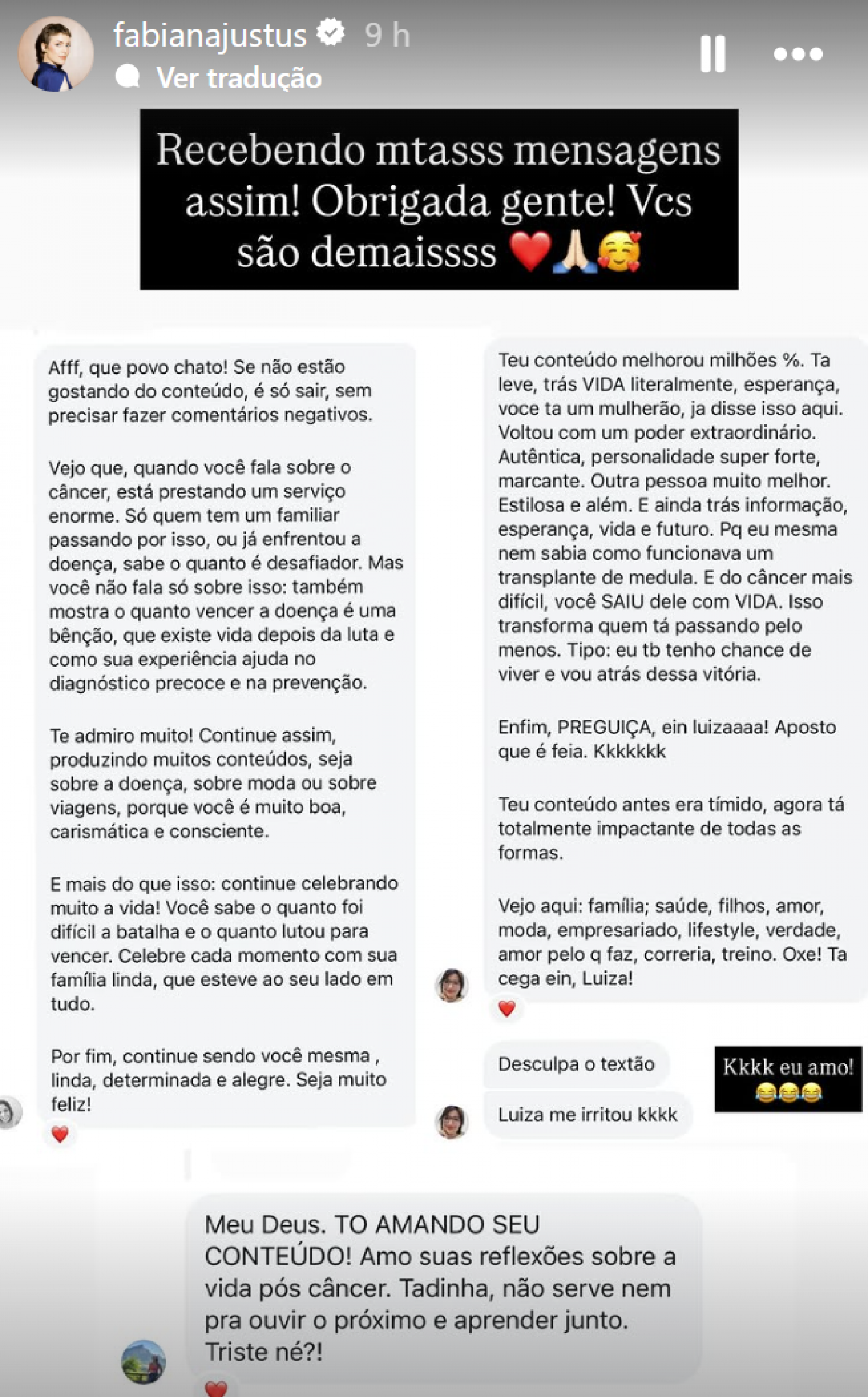 Fabiana Justus reage a crítica sobre conteúdo nas redes após diagnóstico de câncer - reprodução Instagram
