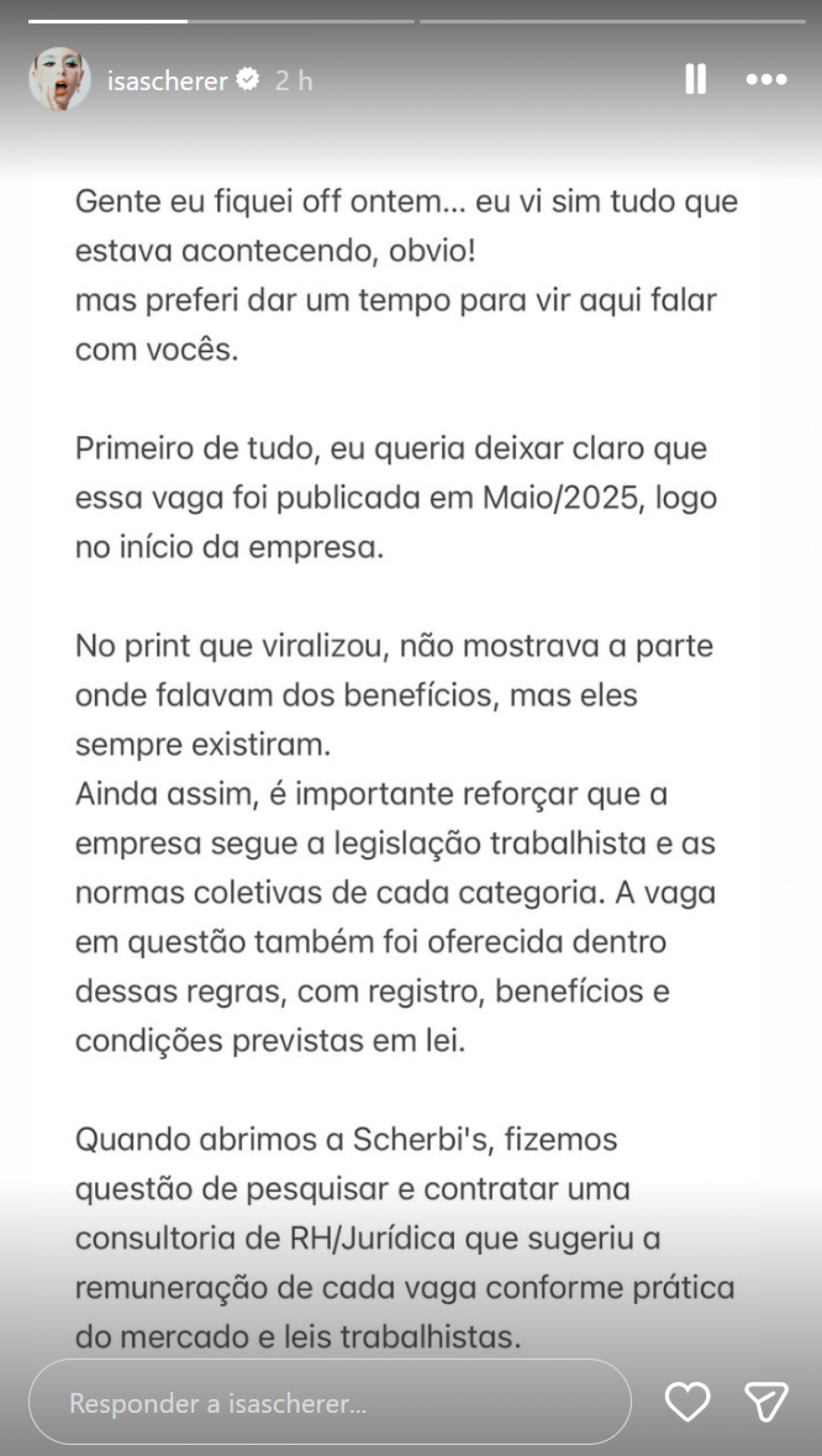 Isabella Scherer responde críticas sobre vaga de emprego - reprodução Instagram