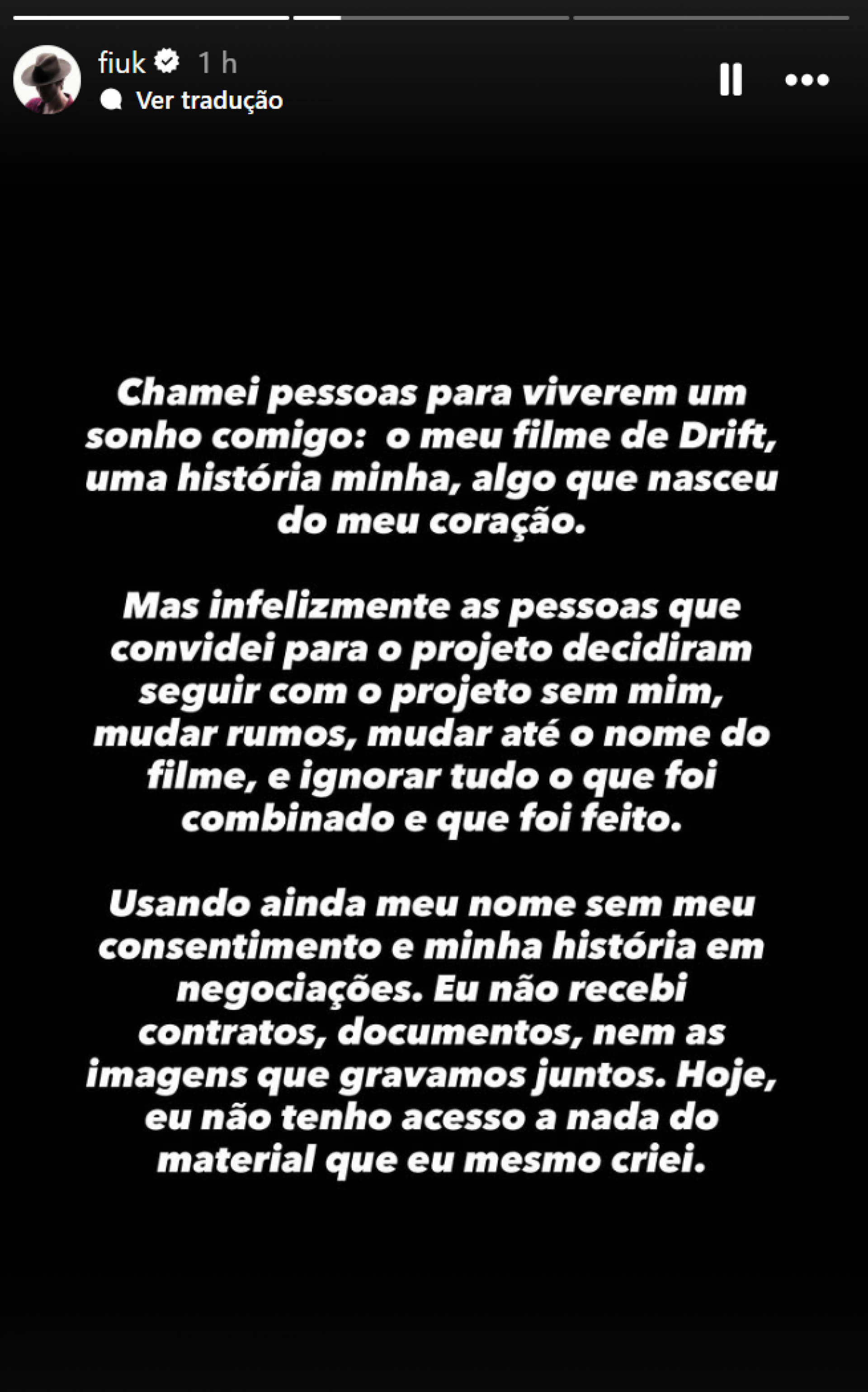 Fiuk desabafa e acusa equipe de seguir com filme sem ele - reprodução Instagram