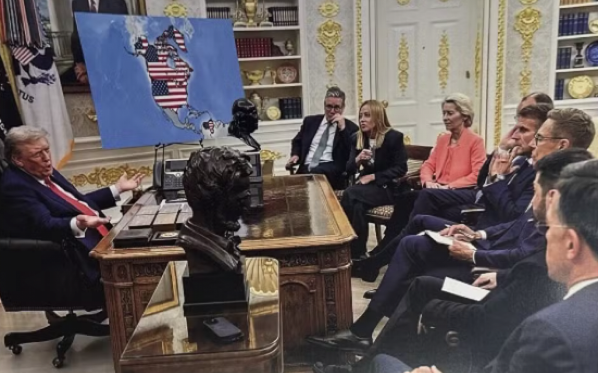 Outra foto gerada por IA mostra Trump reunido com l&iacute;deres europeus