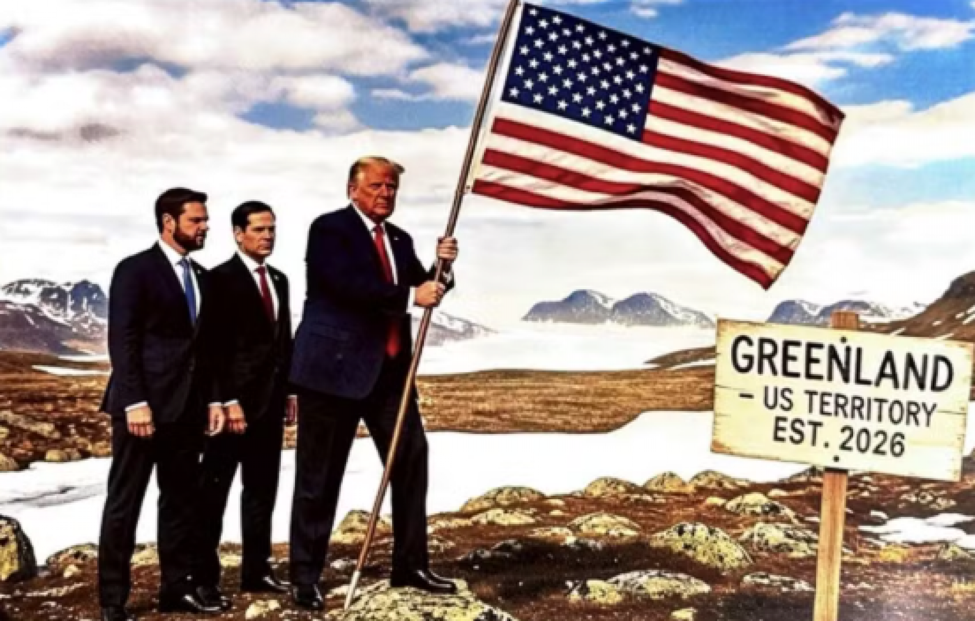 Trump aparece segurando a bandeira dos EUA, acompanhado por seu vice e pelo secret&aacute;rio de Estado - Reprodu&ccedil;&atilde;o / Redes sociais