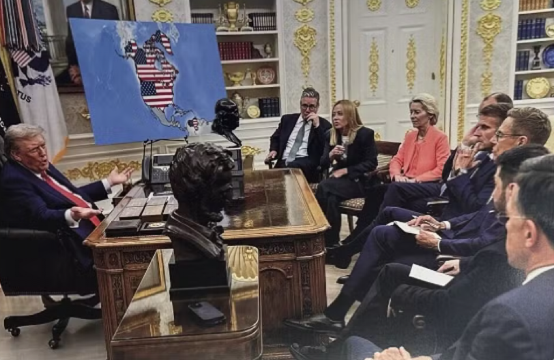 Outra foto gerada por IA mostra Trump reunido com l&iacute;deres europeus - Reprodu&ccedil;&atilde;o / Redes sociais