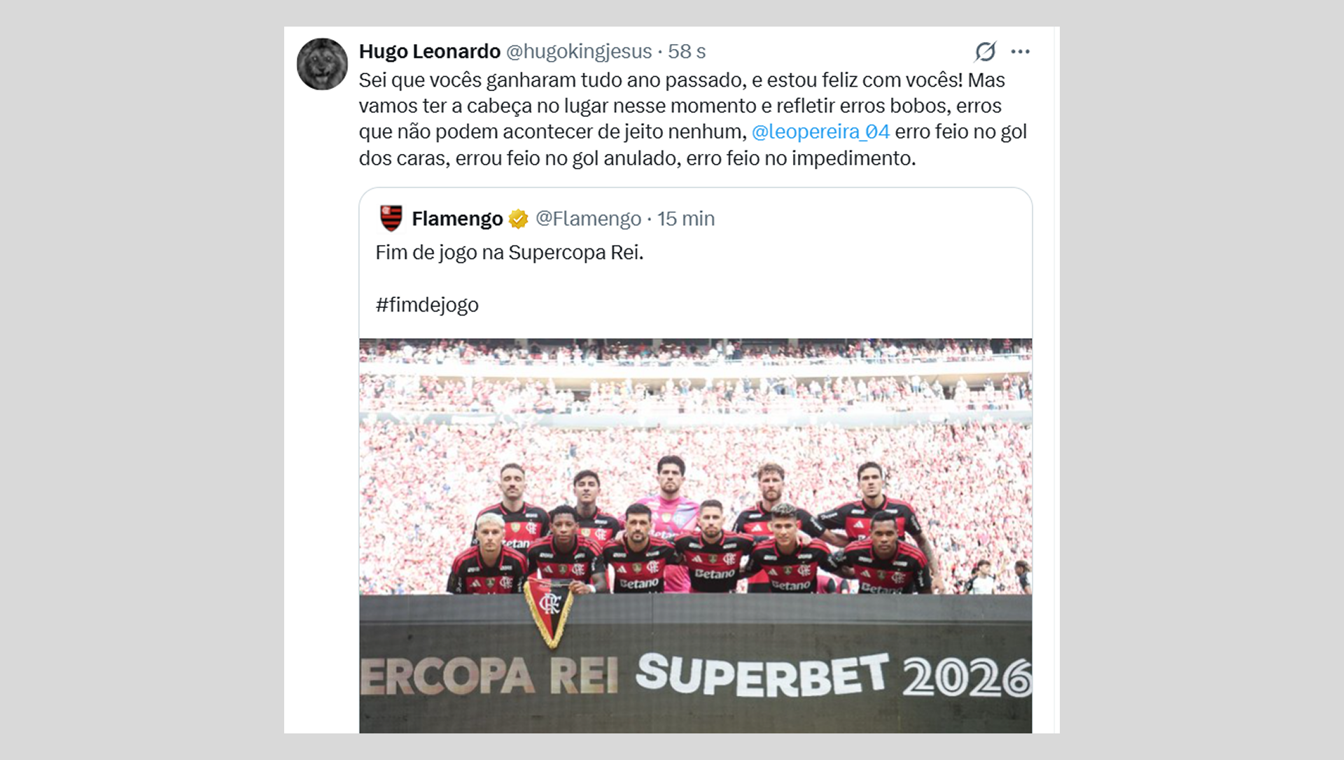 Torcedores comentaram a derrota do Flamengo na Supercopa Rei - Reprodução de Internet