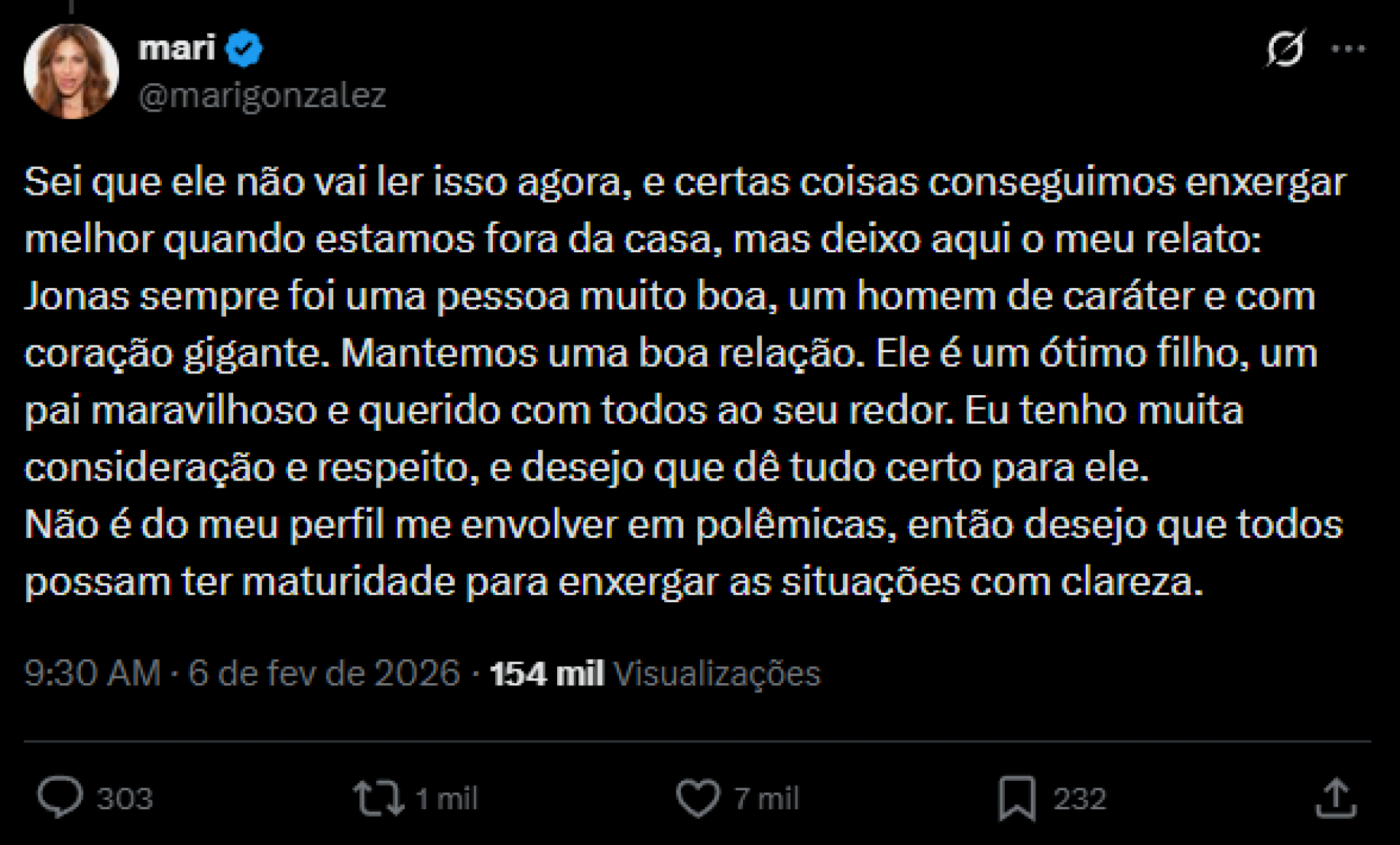 Mari Gonzalez defende Jonas Sulzbach após ser citada por Juliano Floss no 'BBB 26', da TV Globo - Reprodução / X