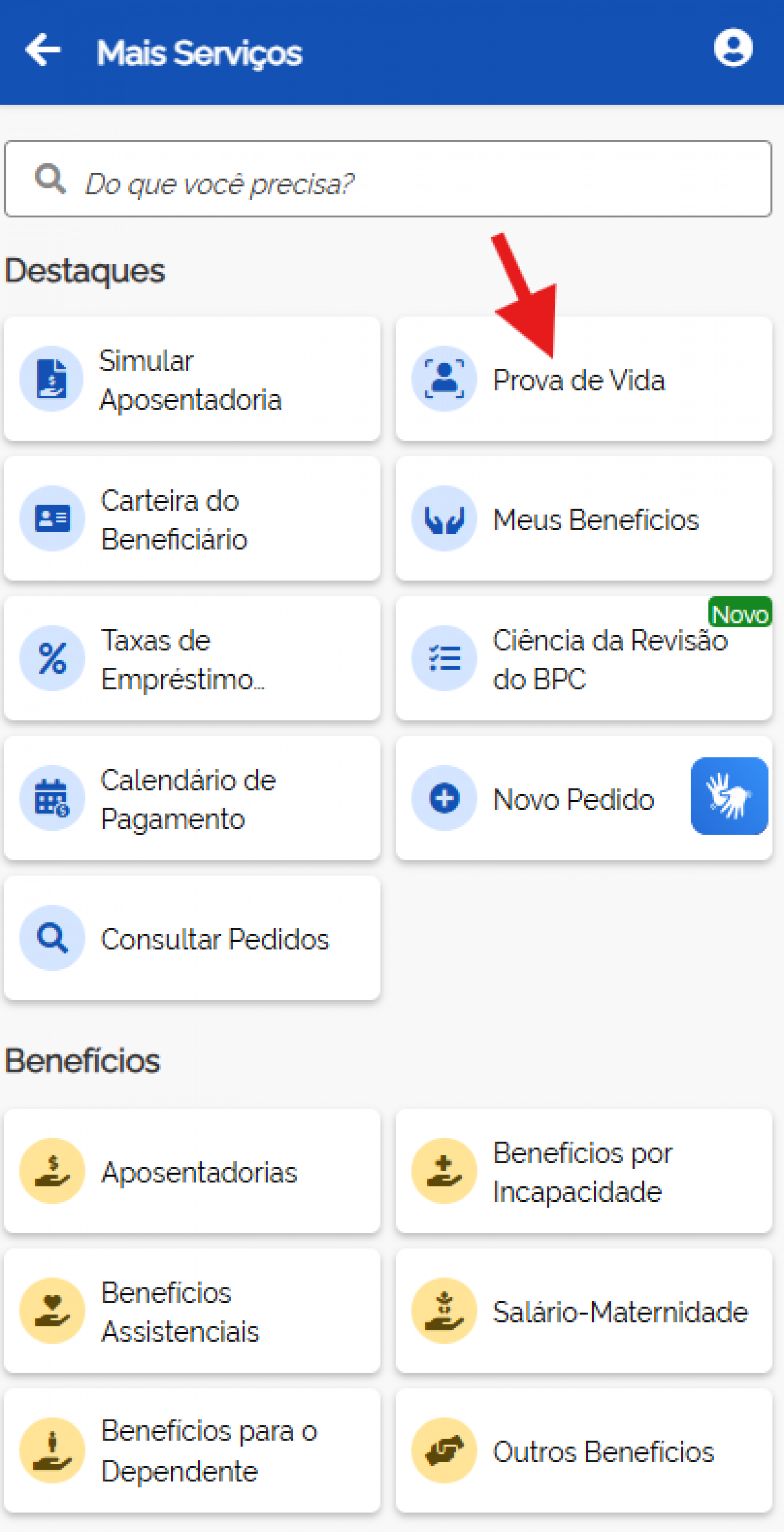 Na tela inicial, procure por 'Prova de Vida' - Reprodução/ internet