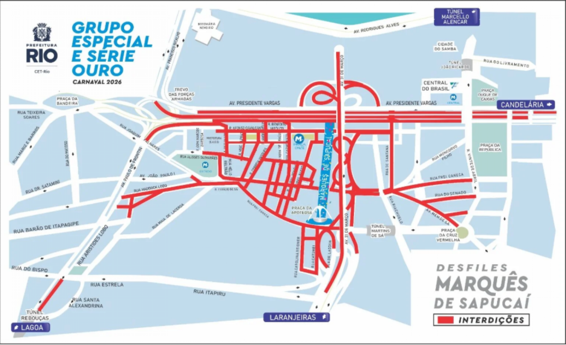 Esquema especial de trânsito no Centro do Rio para os desfiles na Marquês de Sapucaí. - Divulgação