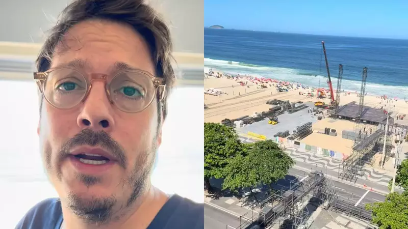 Fabio Porchat mostra vista de seu apartamento em copacabana com vis&atilde;o para o palco, em constru&ccedil;&atilde;o, de Shakira - Reprodu&ccedil;&atilde;o de v&iacute;deo