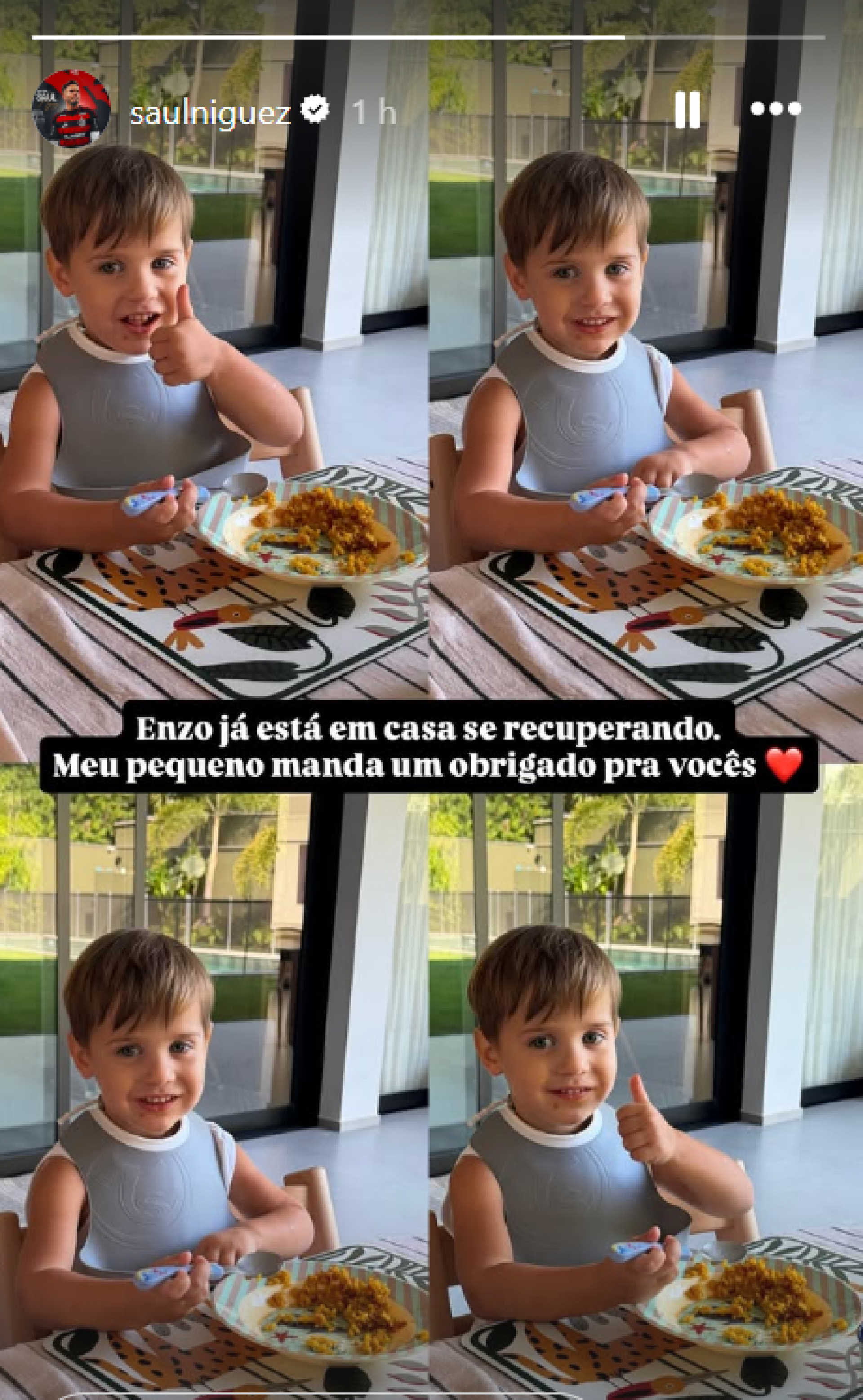 Saúl posta foto do filho Enzo já em casa após internação