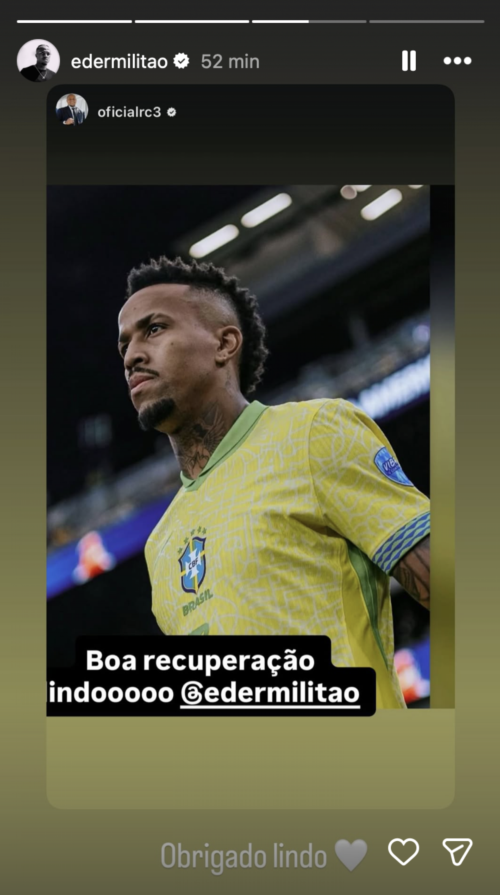 Roberto Carlos presta apoio à Militão - Reprodução/Instagram