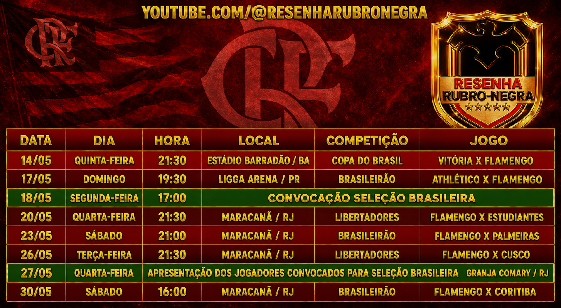 Jogos do Flamengo at&eacute; a parada para Copa do Mundo - Canal do YouTube Resenha Rubro Negra