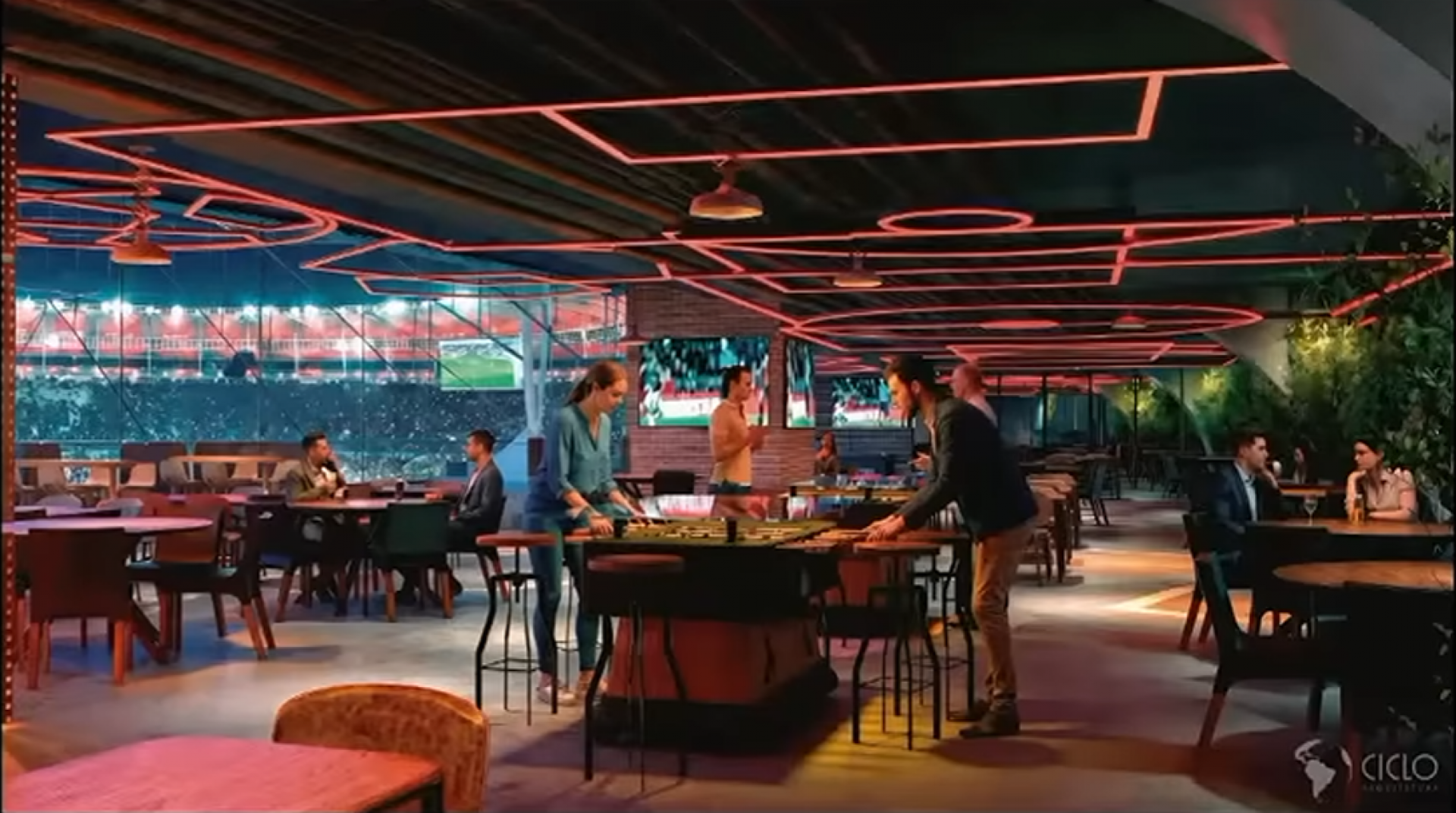 Projeção de como será o Sport Bar no estádio Maracanã, com vista panorâmica para o campo - Divulgação