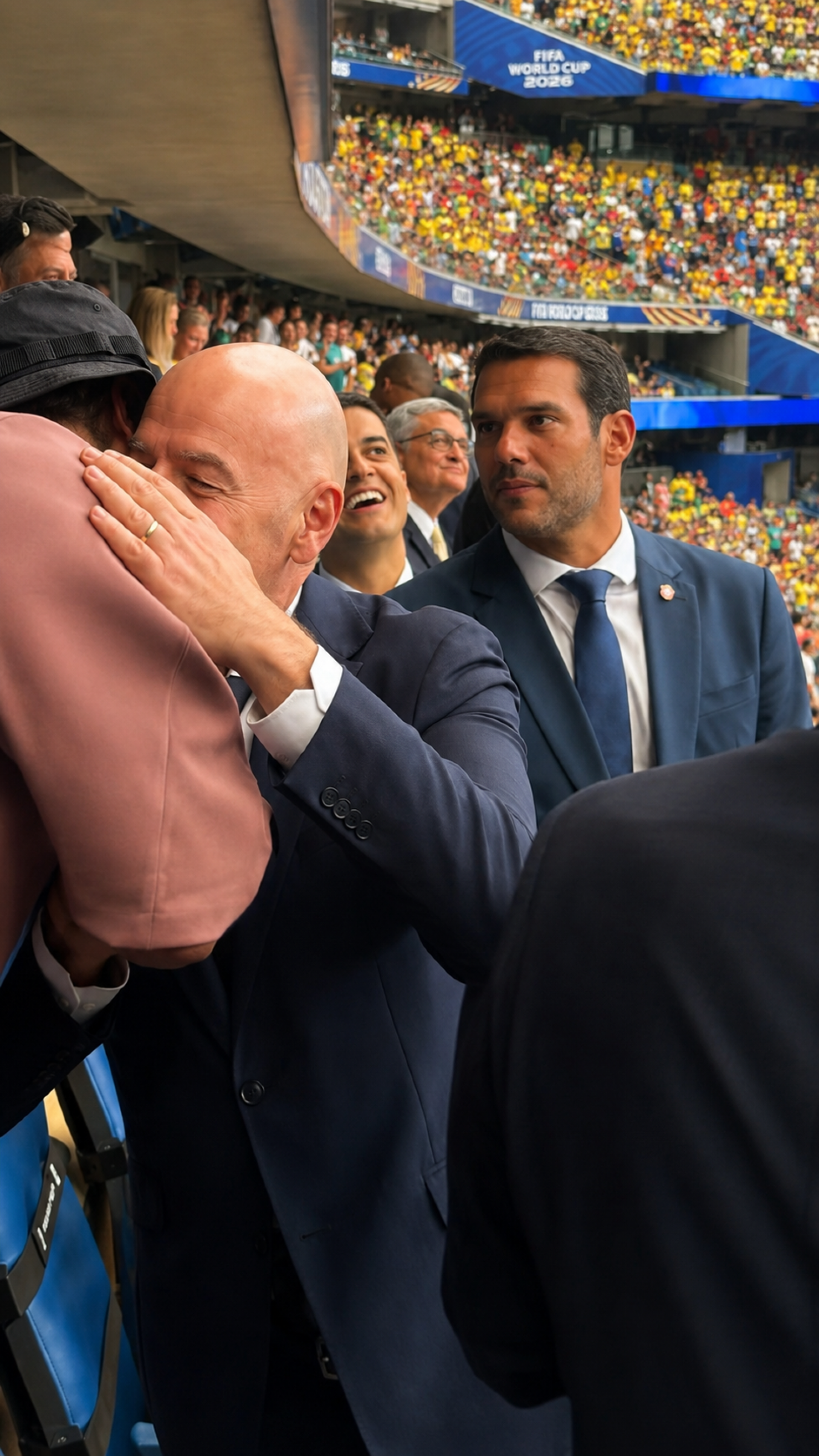 Ronaldinho Ga&uacute;cho abra&ccedil;ou Gianni Infantino, presidente da FIFA, ao lado de Samir Xaud, presidente da CBF
