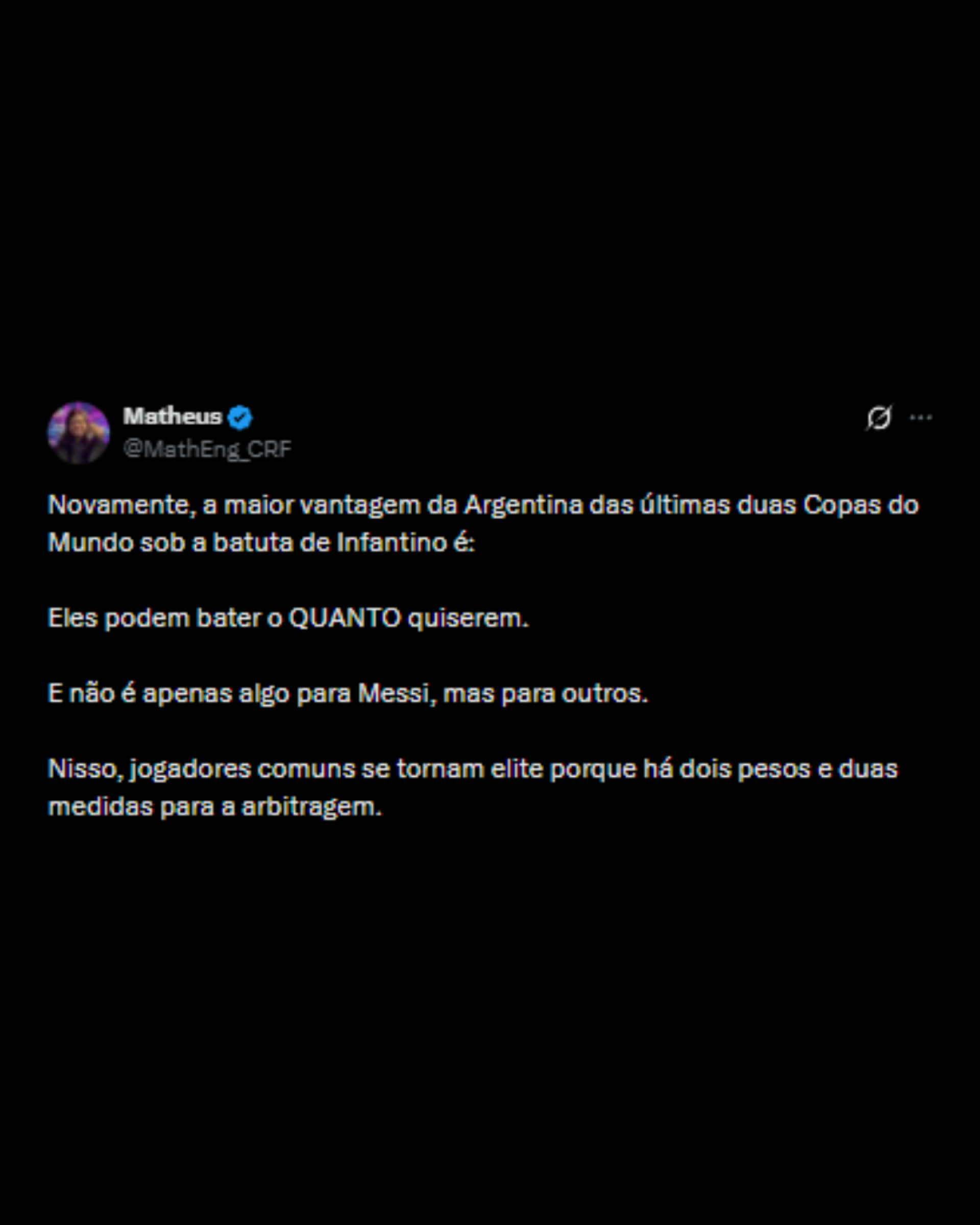 Críticas à arbitragem no jogo entre Argentina 3 x 2 Egito - Reprodução/X @MathEng_CRF