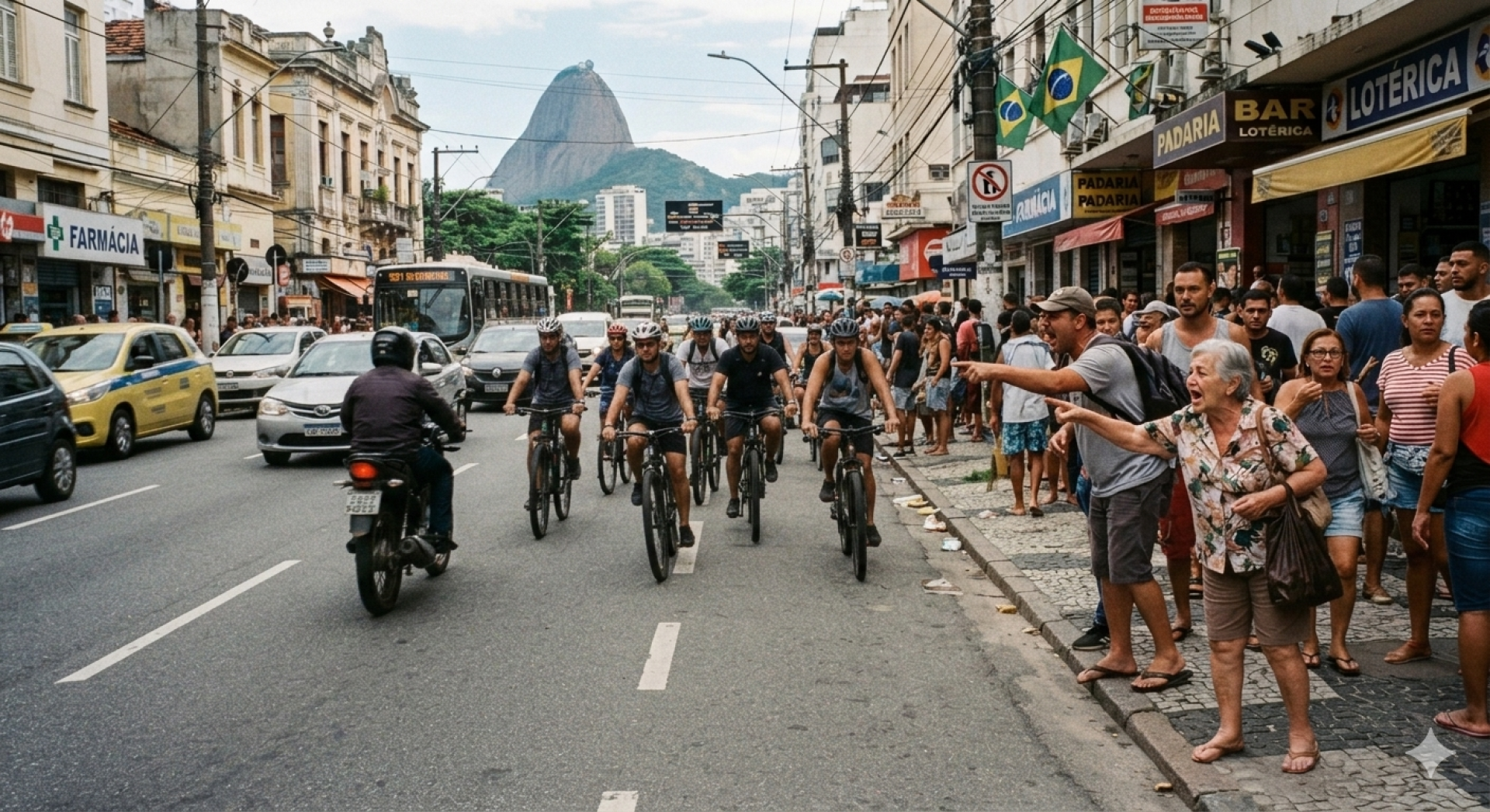 Motociclista anda na contramão e pedestres reclamam - Imagem feita pela IA
