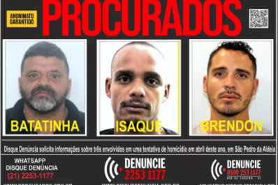 Três foragidos por tentativa de homicídio em São Pedro da Aldeia são procurados pelo Disque Denúncia