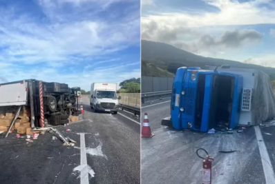Caminhão carregado de laticínios tomba na Via Lagos, em São Pedro da Aldeia