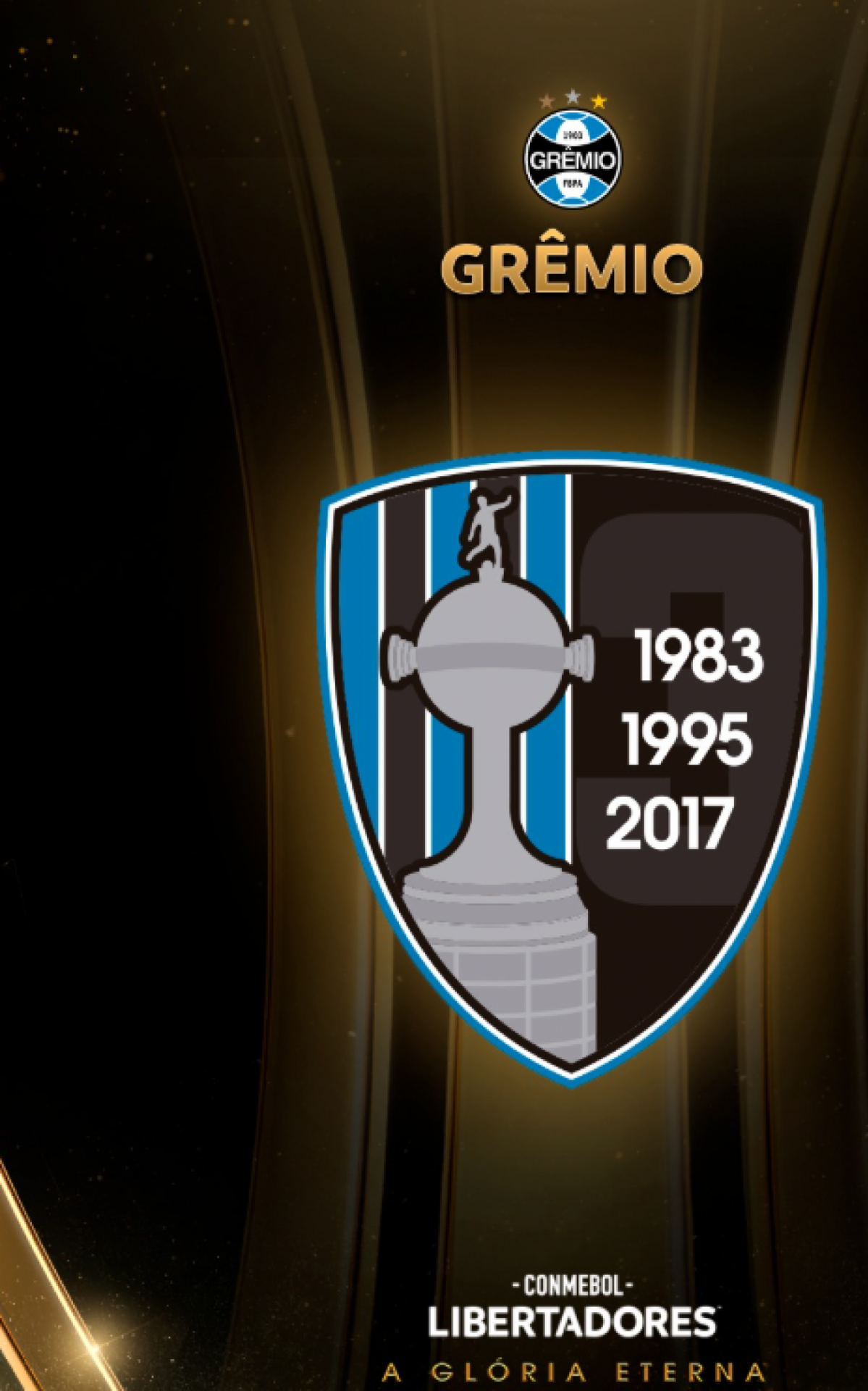 Patch de campeão da Libertadores do Grêmio, com os títulos de 1983, 1995 e 2017