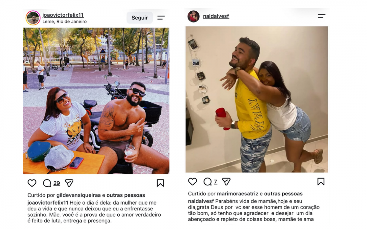Publica&ccedil;&atilde;o nas redes sociais de Jo&atilde;o Victor Alves F&eacute;lix em que ele se refere a Erinalda Alves F&eacute;lix como "m&atilde;e"